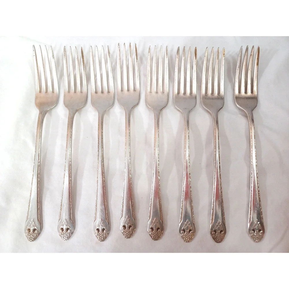 Holmes Edwards 8 VTG Lovely Lady Dinner Forks Inlaid Silverplate Flatware 1937